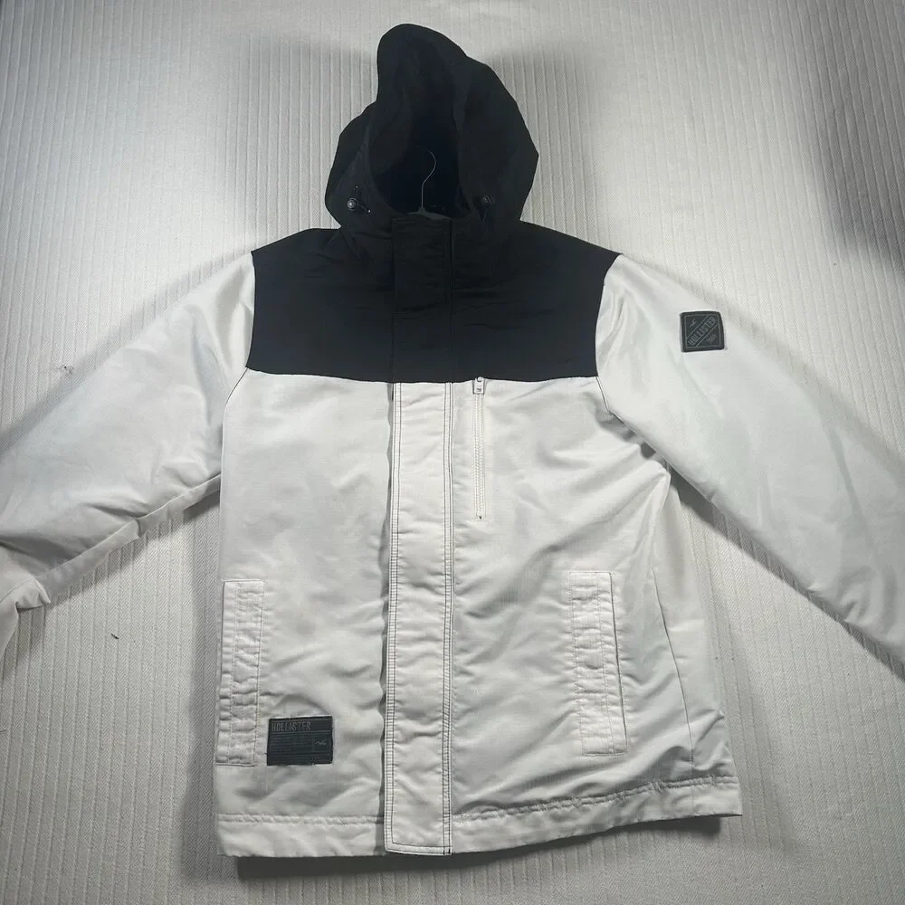 Hollister Mens All Weather Jacket Size M White Black Hooded Windbreaker Coat